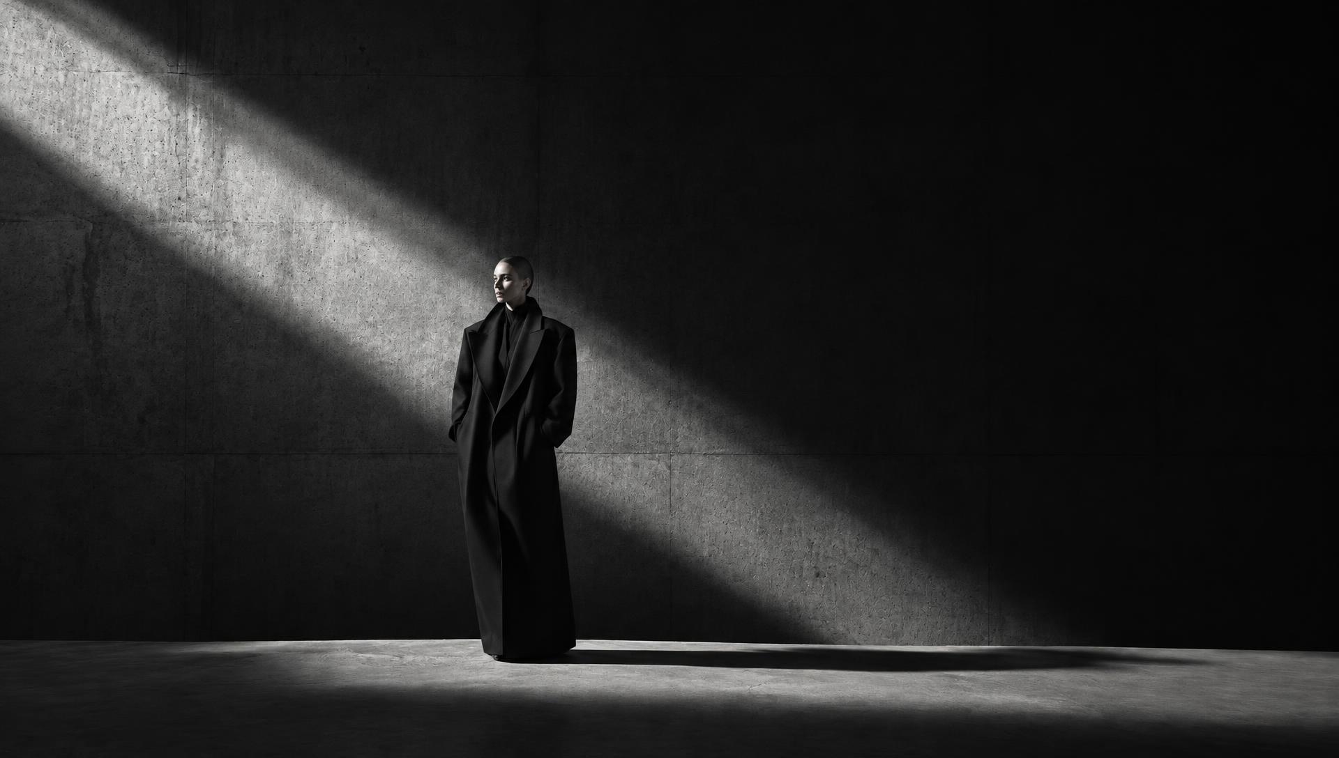Model in a monolithic black coat under a beam of light